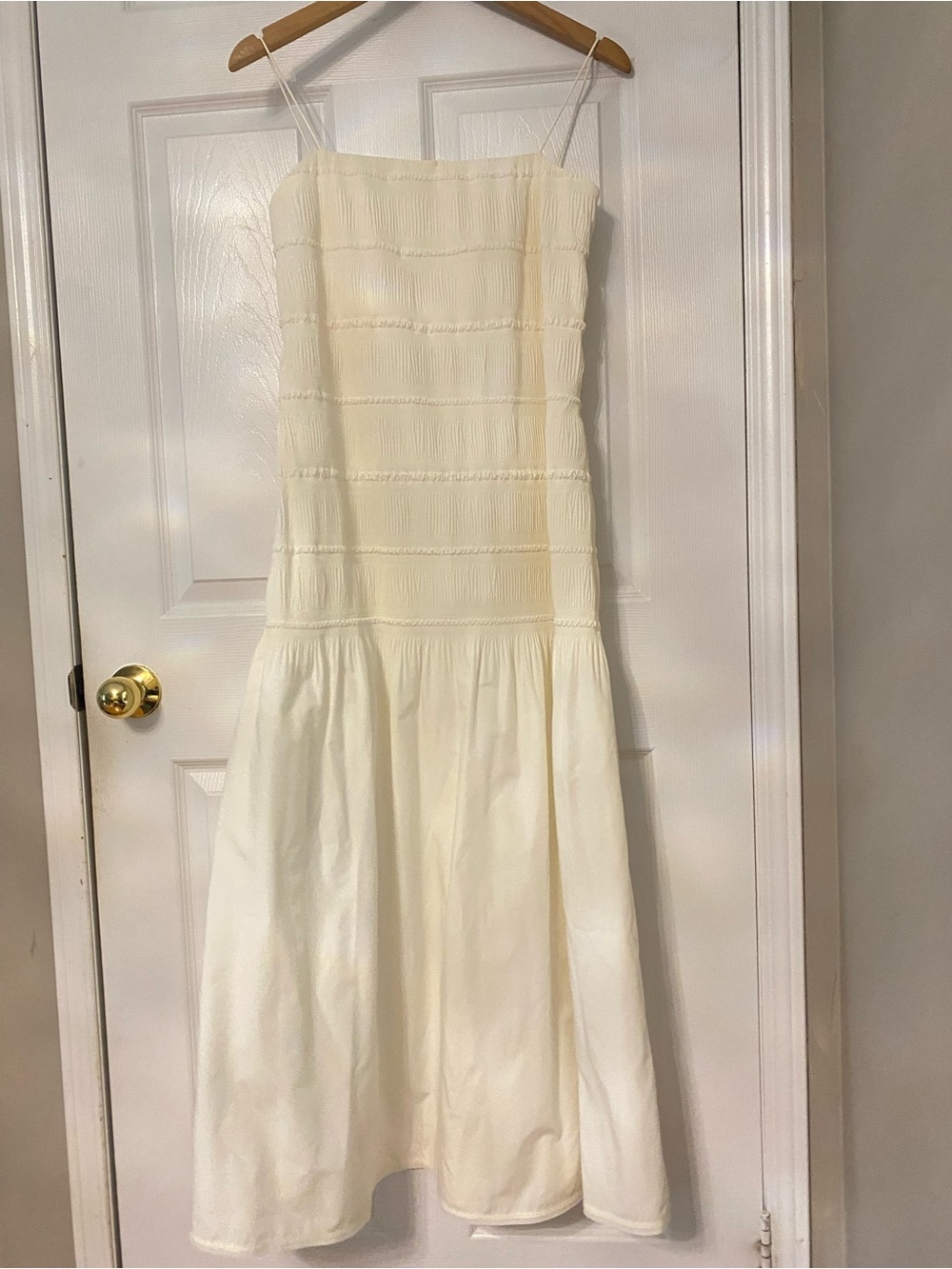 COS Strapless Cream Midi Dress with Smocked Bodice and Thin Straps#22